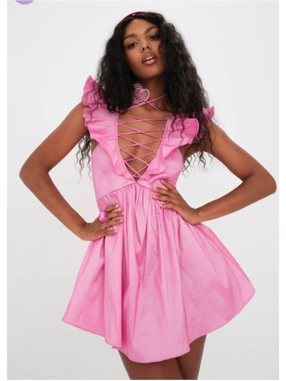 For Love And Lemons Pink Ruffle Lace-Up Mini Dress